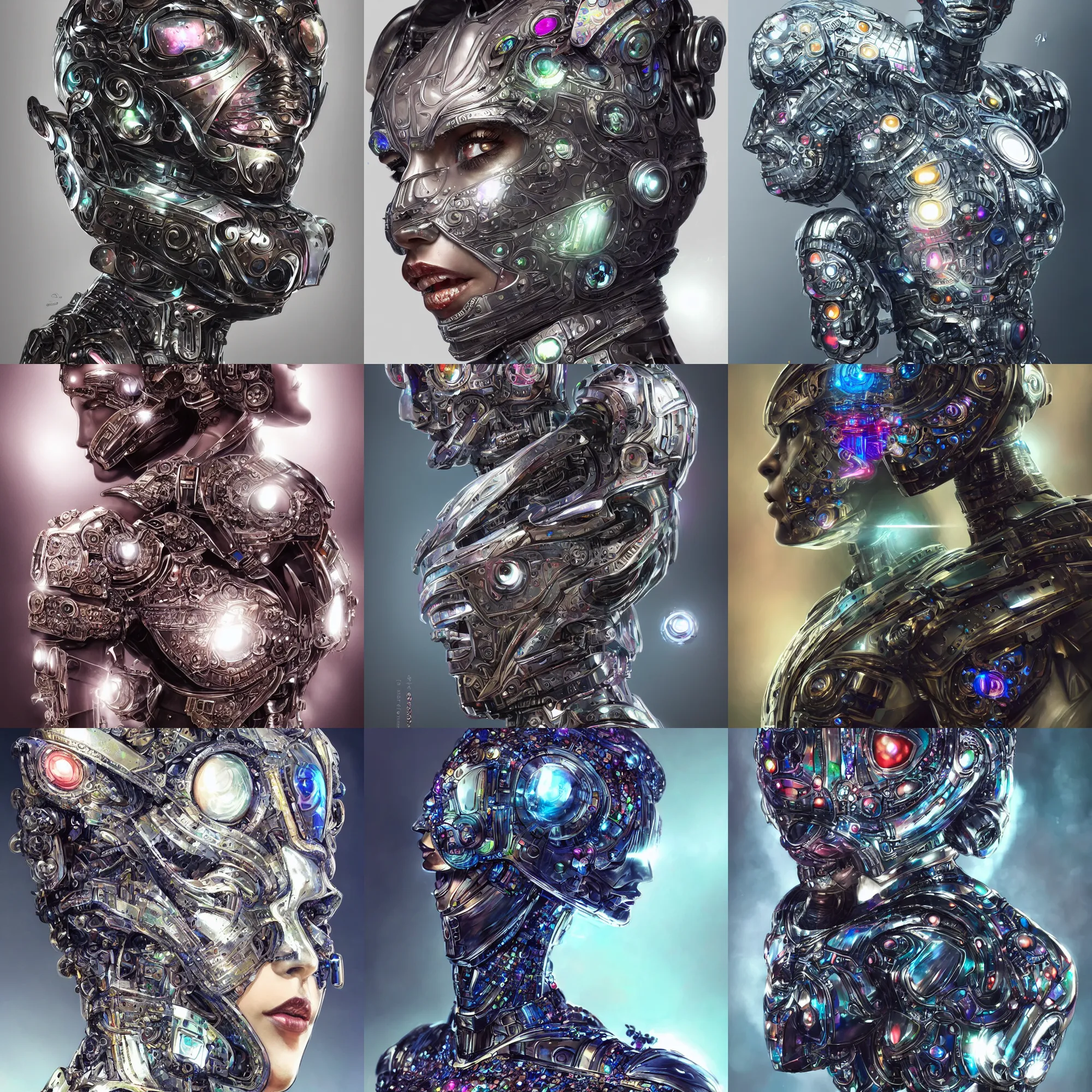 Prompt: A warrior turning into an android portrait wearing a part cybernetic body, futurism, scifi, intricate mecha armor, encrusted in iridescent microchips, ornate precious gems, highly detailed cybernetic body, digital painting, artstation, concept art, smooth, sharp focus, illustration, art by Artgerm