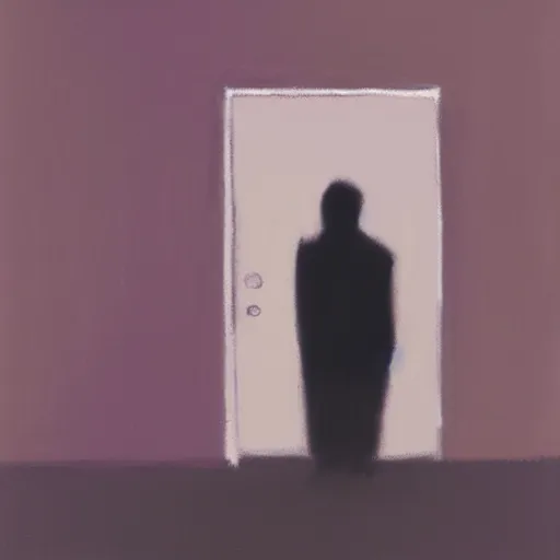 Prompt: a pastel painting of a silhouette person standing at the door of a dark room