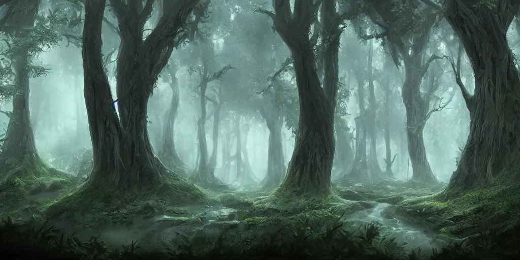 Image similar to deep mystical forest. award winning. dramatic. trending on artstation. high quality