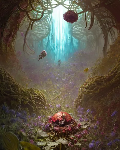 Image similar to the platonic ideal of flowers, rotting, insects and praying of cletus kasady carnage davinci dementor chtulu mandelbulb ponyo alice in wonderland dinotopia watership down, fantasy, ego death, decay, dmt, psilocybin, concept art by greg rutkowski and simon stalenhag and alphonse mucha