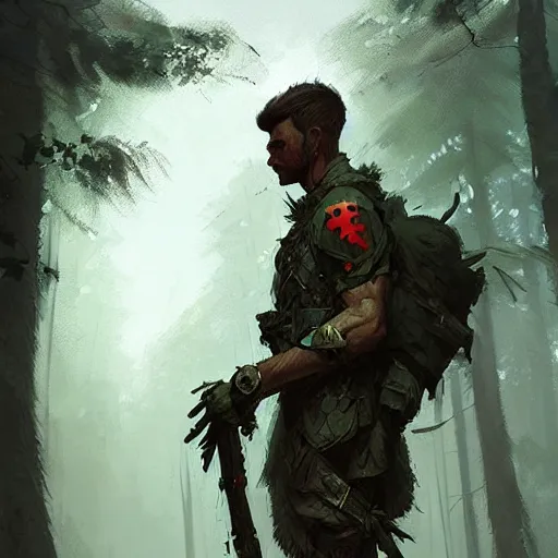 Image similar to male soldier in the forest, by Greg Rutkowski!!!, D&D, fantasy, intricate, elegant, highly detailed, digital painting, artstation, concept art, matte, sharp focus, illustration