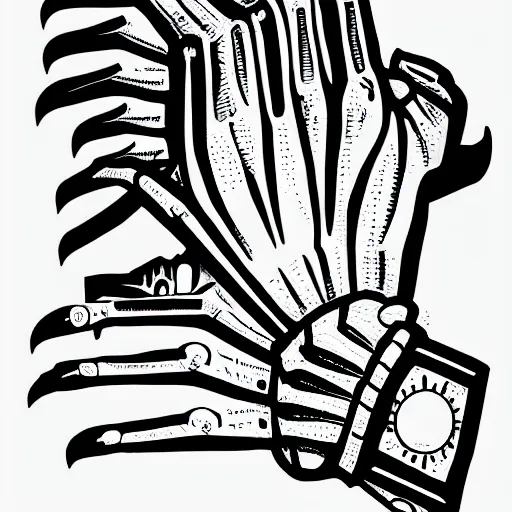 Prompt: streampunk clockwork hand, black and white line art