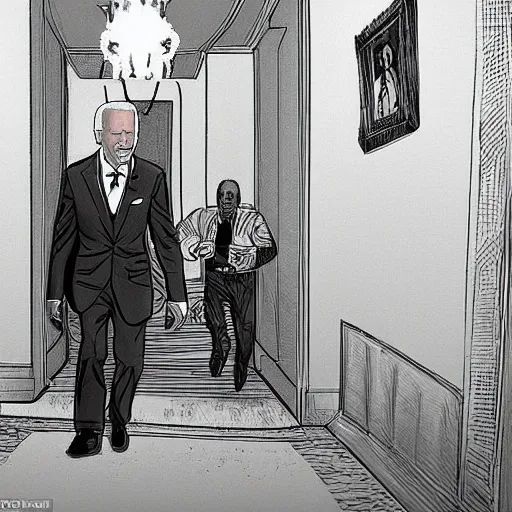 Prompt: detailed Joe Biden running away through the halls of the White House, zombies following him in the background