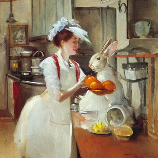 Image similar to a rabbit and a young edwardian woman in a french cozy kitchen, in the style of anders zorn