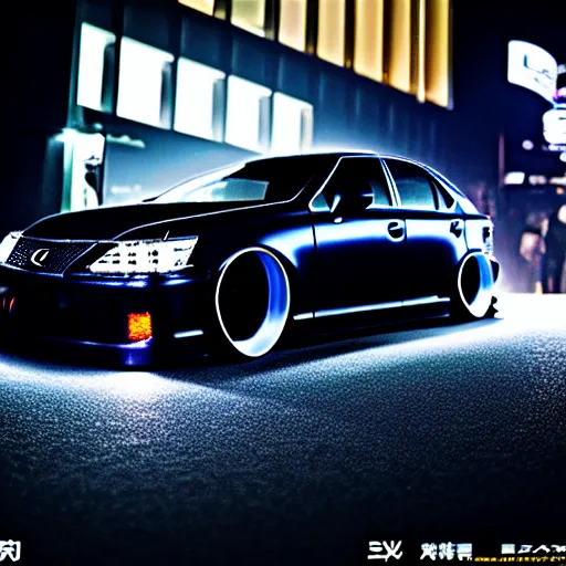 Image similar to a car Lexus VIP at illegal car meet, Shibuya prefecture, midnight mist lights, cinematic color, photorealistic, highly detailed wheels, highly detailed