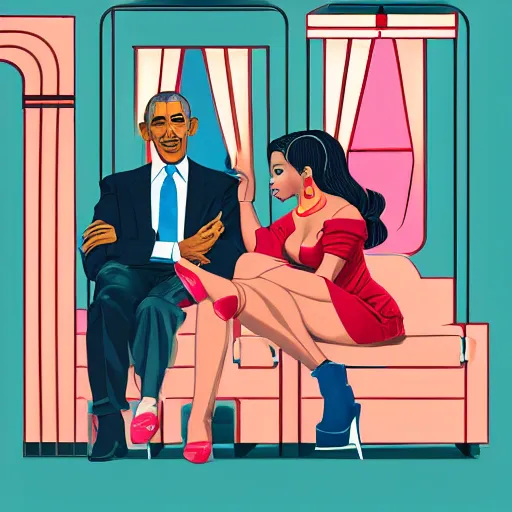 Image similar to illustration of nicki minaj sitting next to barack obama in a 6 0's vintage barbershop, symmetrical, cinematic scene, brownish flat colors, hyper realistic, highly detailed, by miyazaki, monokubo, trending on artstation