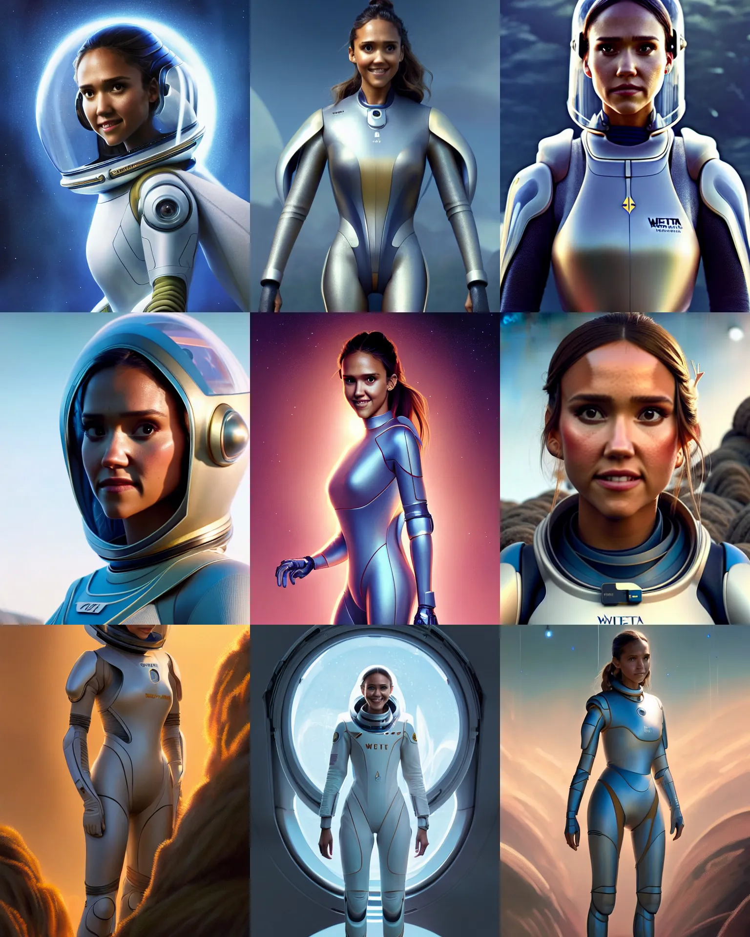 Prompt: weta disney pixar movie still portrait photo of jessica alba wearing clean glass electric sci - fi spacesuit : : by weta, greg rutkowski, wlop, ilya kuvshinov, rossdraws, artgerm, annie leibovitz, alphonse mucha, ue 5, trending on artstation, octane, volumetric lighting : :