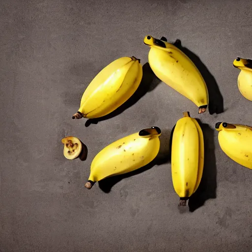 Image similar to professional photograph of banana ducks, peeled bananas with googly eyes and duck beaks