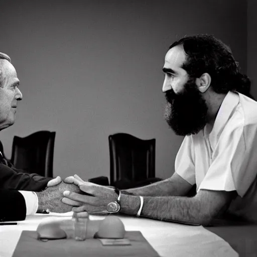 Prompt: Meeting between George Bush and Osama Bin Laden in 1995, realistic photograph, greyscale, world press winner