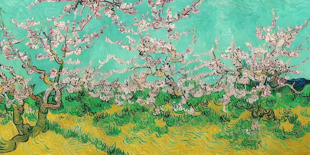 Prompt: a peach blossom forest, the fallen flowers are colorful, the forest runs out of water, there is a mountain, and the mountain has a small mouth, as if there is light. by Vincent van Gogh