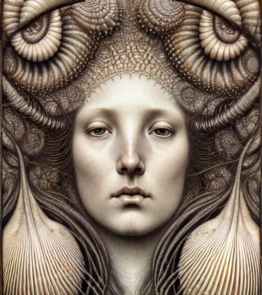 Image similar to detailed realistic beautiful shell goddess face portrait by jean delville, gustave dore, iris van herpen and marco mazzoni, art forms of nature by ernst haeckel, art nouveau, symbolist, visionary, gothic, neo - gothic, pre - raphaelite, fractal lace, intricate alien botanicals, ai biodiversity, surreality, hyperdetailed ultrasharp octane render