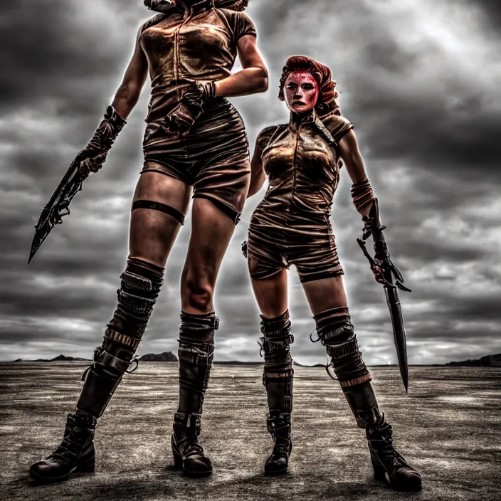 Image similar to full length photo of a very beautiful female atompunk warrior, 8 k, hdr, smooth, sharp focus, high resolution, award - winning photo