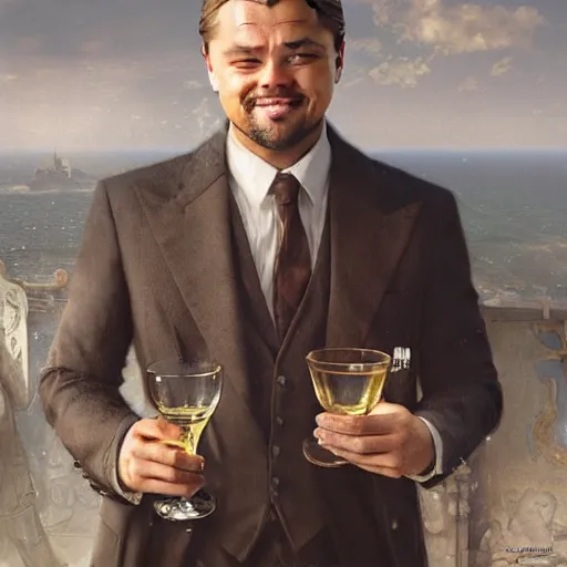 Prompt: leonardo dicaprio laughing with a small sherry glass in hand, aristocratic clothing, highly detailed, intricate, digital painting, artstation, sharp focus, illustration, art by jakub rozalski, greg rutkowski, artgerm, tan zi and ayanamikodon and alphonse mucha and wlop