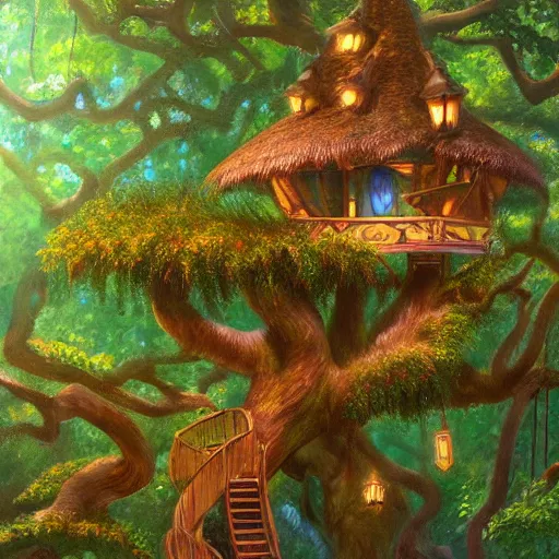 Prompt: fancy treehouse in the enchanted forest detailed magical realism painting 4K trending on artstation with colorful tropical flowers growing in the trees