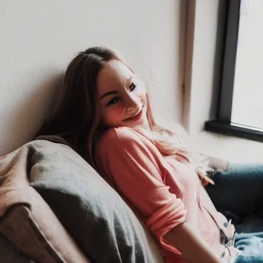 Prompt: selfie photograph of a cute young woman, red blush, wearing casual clothes, small smile, relaxing on a couch, cozy living room, medium shot, 8 k, trending on instagram, trending on pinterest, portra 4 0 0