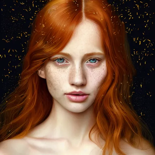 Prompt: a highly detailed, hyper realistic, red haired young woman, among golden fireflies, with long hair, green eyes, hint of freckles, gentle face, tilted head, cheeky smile, deep focus, elegant, digital painting, smooth, sharp focus, golden ratio, illustration, ultra realistic, 8 k, art by artgerm and caravaggio