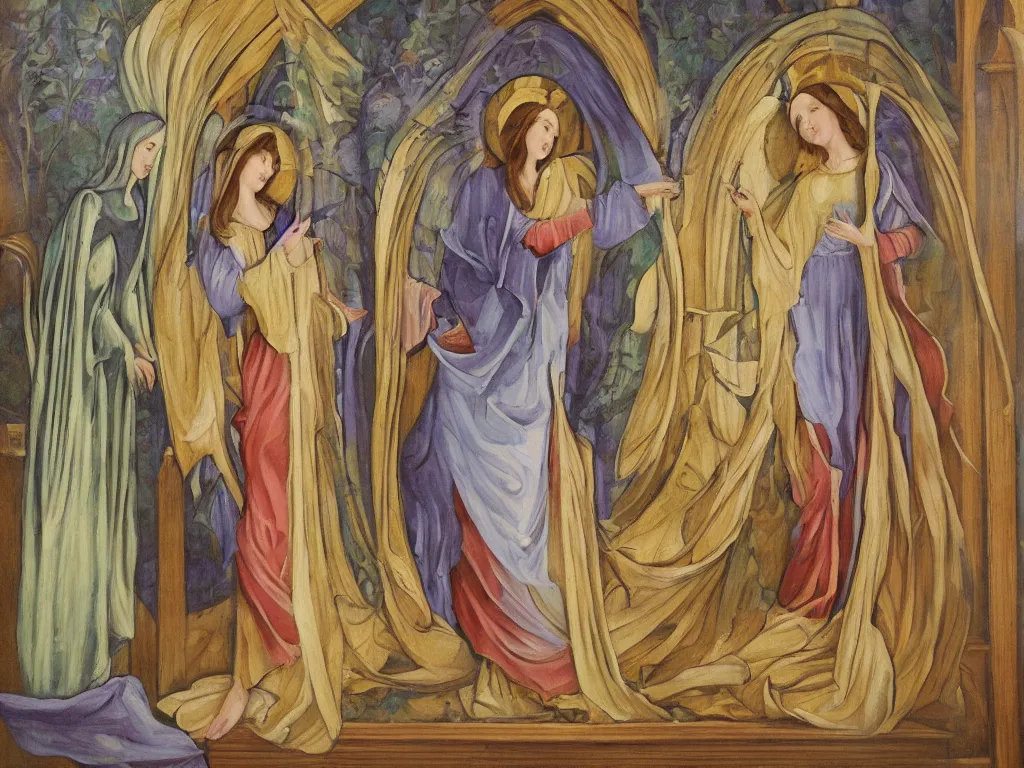 Prompt: oil painting of the annunciation in an art nouveau style