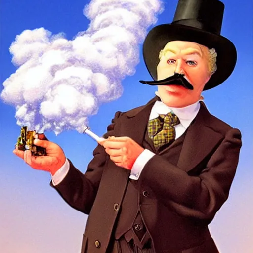 Prompt: uncle pennybags holding a Sherlock pipe, melting smoke clouds, drawing by Alex Ross