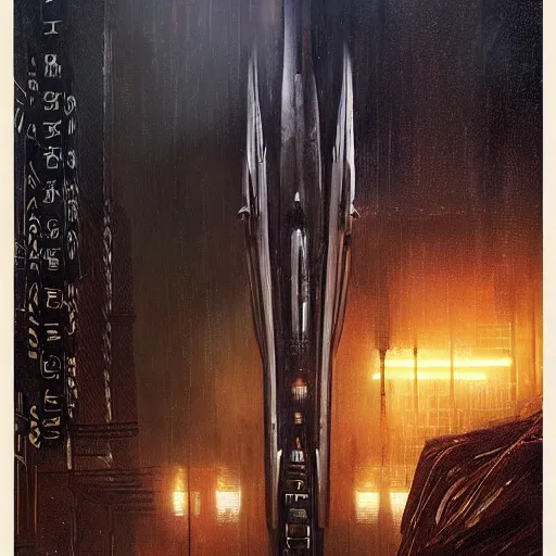 Prompt: scene from bladerunner 2 0 4 9 movie, hr giger artlilery spaceship lands in a western tavern with filigree ornaments, volumetric lights, micheal whelan