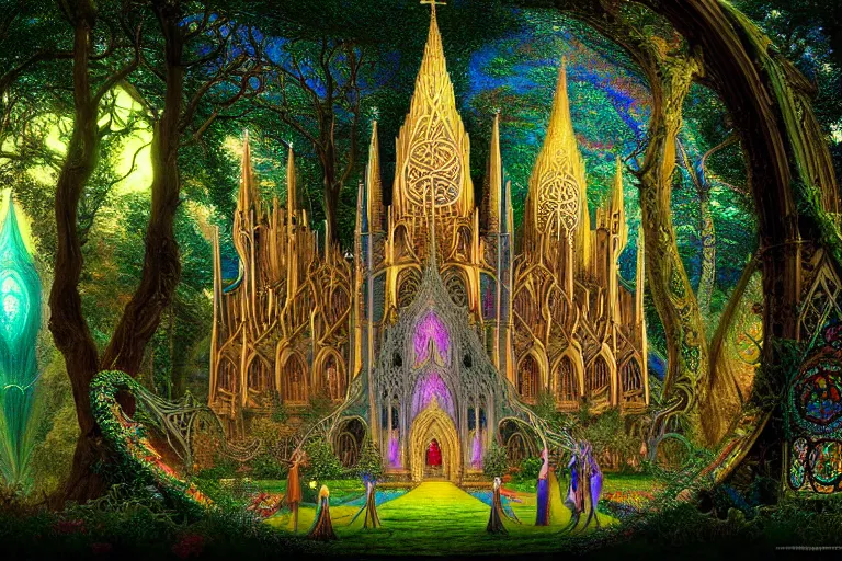 Image similar to a beautiful and highly detailed digital painting of an elven cathedral in a beautiful garden in a mystical forest, psychedelic colors, celtic, intricate psychedelic patterns, intricate details, epic scale, insanely complex, cgsociety, 8 k, sharp focus, hyperrealism, by alex grey, caspar friedrich, albert bierstadt, james gurney, brian froud,