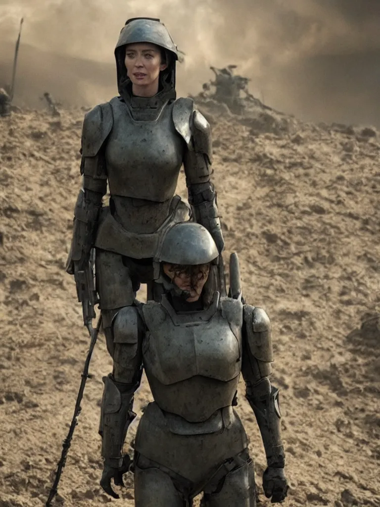 Image similar to emily blunt in power armor, angel of verdun, epic movie scene