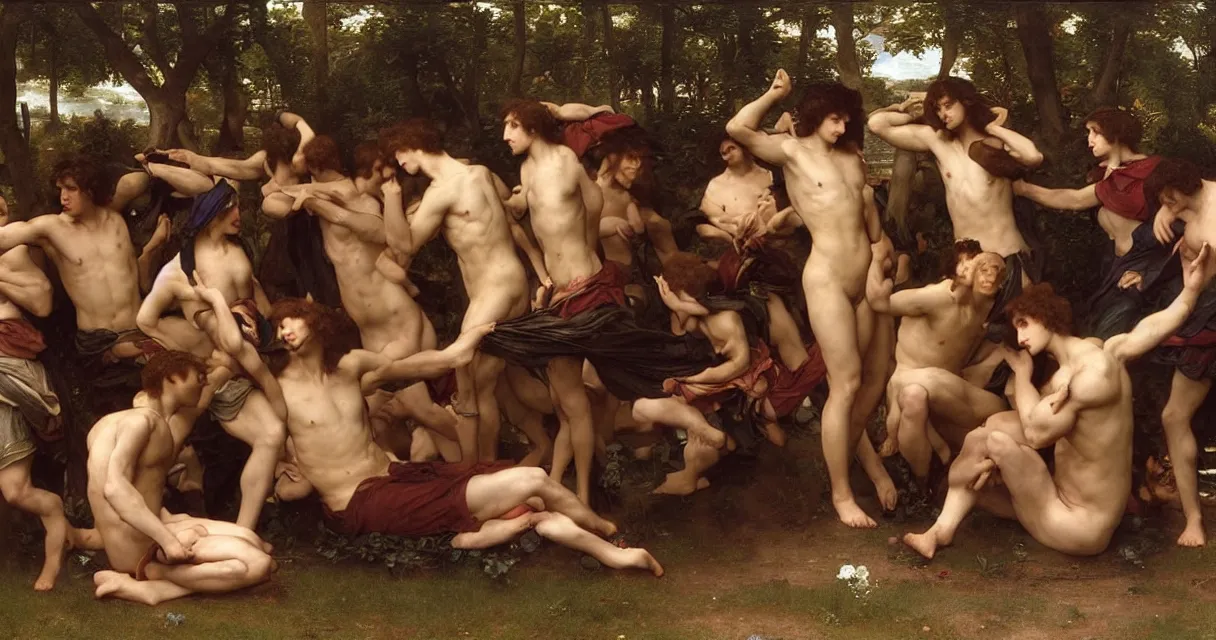 Image similar to large group of pre-Raphaelite muscular athletic male gamers wearing headsets and playing video-games on laptops playstation5 x-box and PC by Bouguereau and raphael