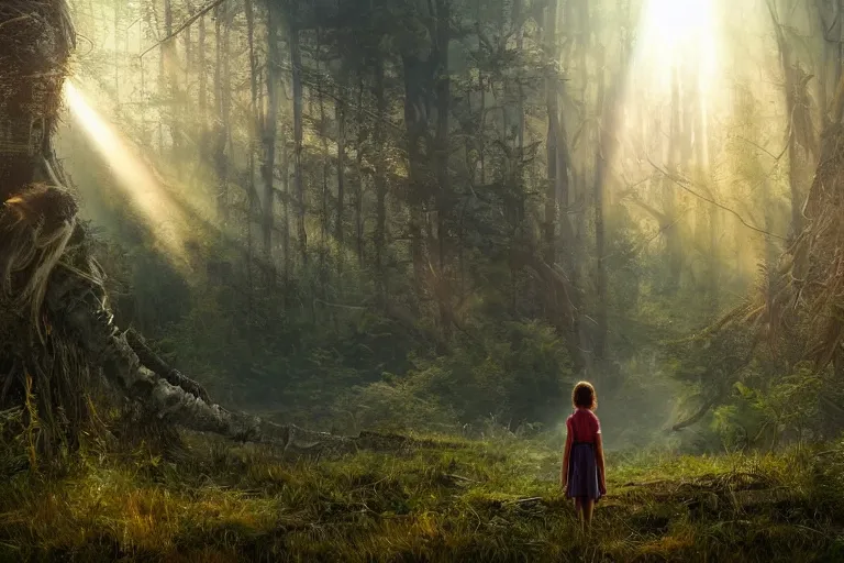 Image similar to the great beyond, sci - fi scene future new york, little girl holding a hand of a big robot, forest punk, crepuscular rays, epic scene, hyper realistic, photo realistic, overgrowth, cinematic atmosphere, ethereal lighting, in the style of john waterhouse