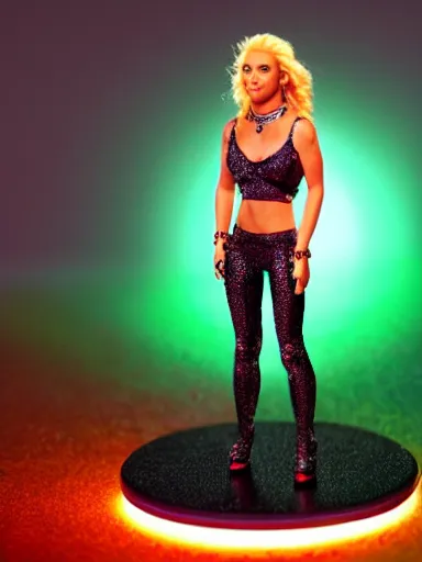 Prompt: a resin miniature of Britney Spears wearing crimped hair, black pants, and a metallic green peasant crop top in Warhammer, miniature product photo, full body, on textured disc base, 4K, HD, orange neon backlighting