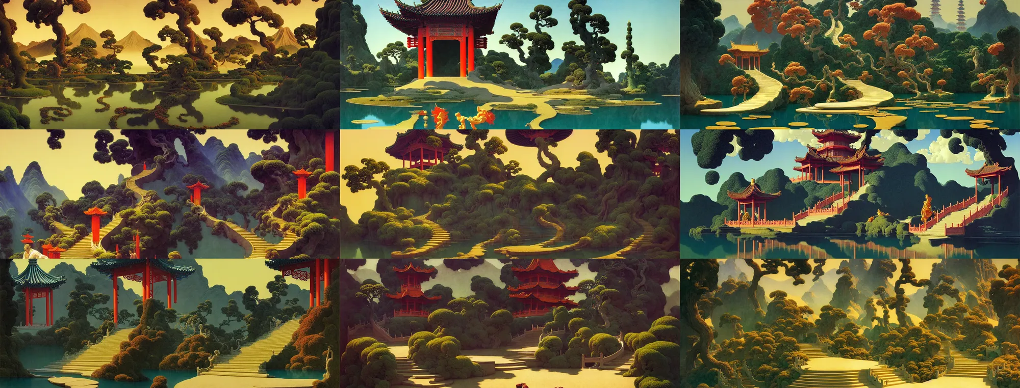 Image similar to a gorgeous landscape painting by barlowe wayne maxfield parrish and marco mazzoni. chinese temple. the winding steps. ultra clear detailed. 3 d, octane render. turbulent blood lake.