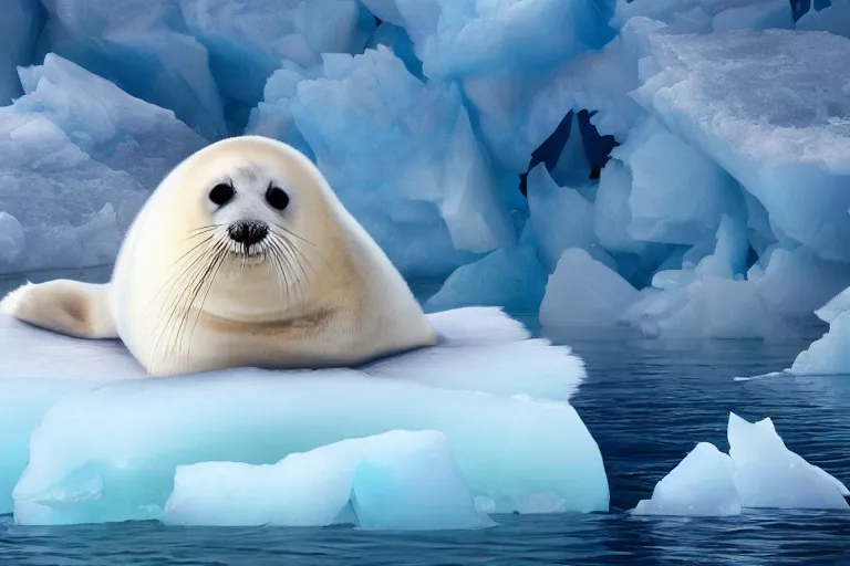 Image similar to a baby harp seal with multicolored feathers and wings, lying on a pile of fish, background of iceberg and glaciers CGsociety