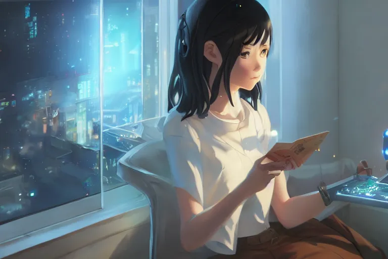 Prompt: girl helping a robot learn to read, scenic full shot, ambient lighting, detailed face, by makoto shinkai, stanley artgerm lau, wlop, rossdraws