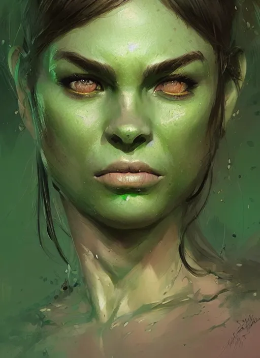 Prompt: green orc female, light green tone beautiful face, by artgerm, by greg rutkowski, by jeremy mann, digital painting