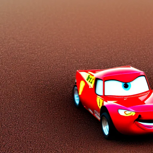 Image similar to lightning mcqueen car driving on wet sand on beach, evening, photo, 4 k, highly detailed