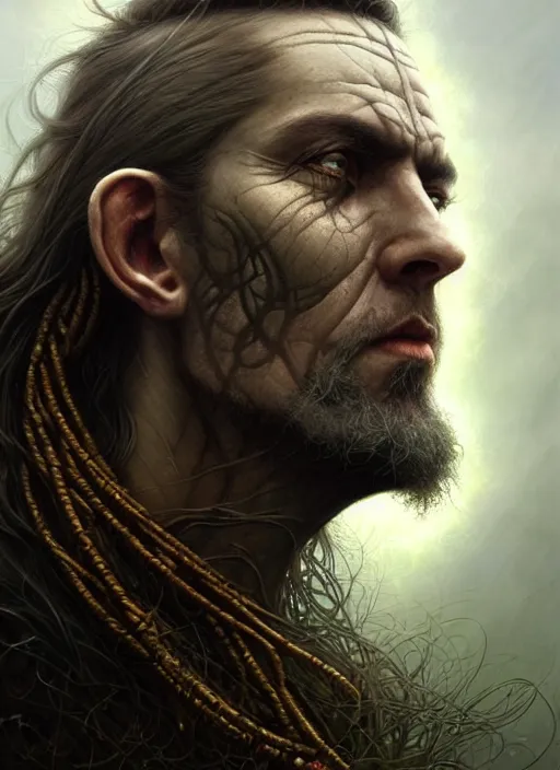 Image similar to closeup portrait shot of a celtic shaman in a scenic dystopian environment, intricate, elegant, highly detailed, centered, digital painting, artstation, concept art, smooth, sharp focus, illustration, artgerm, tomasz alen kopera, peter mohrbacher, donato giancola, joseph christian leyendecker, wlop, boris vallejo