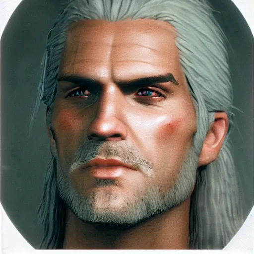 Image similar to polaroid of geralt of rivia face shot by Tarkovsky