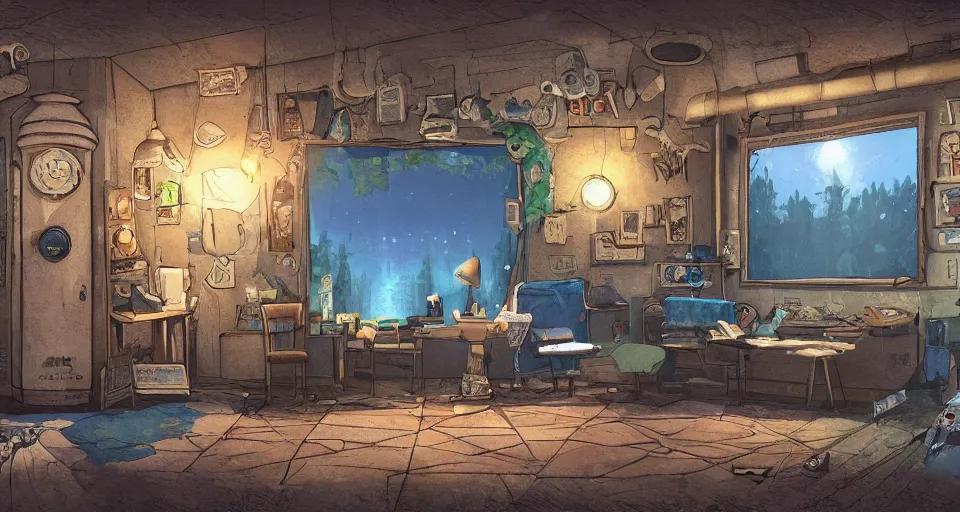 Prompt: A beautiful artwork illustration, a videogame level in a small escape room with a golf ball who is a detective, featured on artstation, wide angle, horizontal orientation