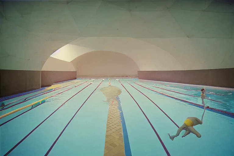 Prompt: underwater non - euclidean, geometric tiled swimming pool tunnels into infinity, cubic and right angles, cube portals, 1 9 6 0 s, color bleed, ektachrome photograph, volumetric lighting, f 8 aperture, cinematic eastman 5 3 8 4 film stanley kubrick