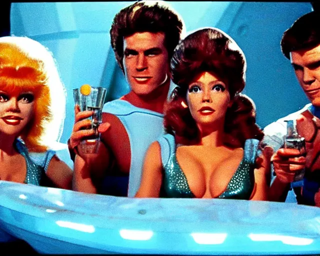 Prompt: a scene from a fictional retro scifi movie, where the crew of a spaceship are huddled over a console drinking coctails. in the style of barbarella the movie