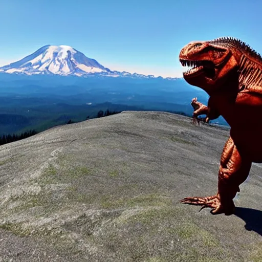 Prompt: T-Rex standing on the summit of Mt. Rainier