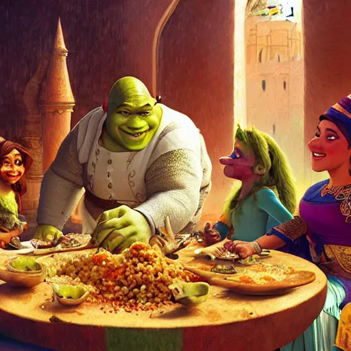 Prompt: shrek eats couscous with his family at a moroccan festival while everyone dances in joy, highly detailed, digital painting, artstation, concept art, sharp focus, illustration, art by greg rutkowski and alphonse mucha