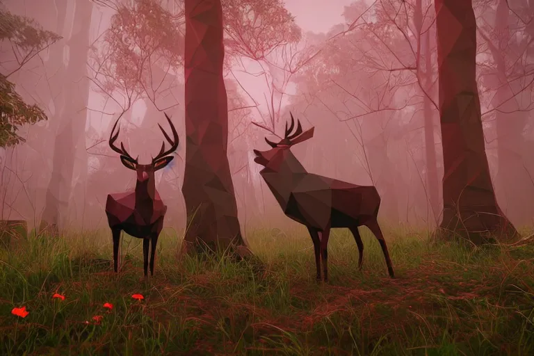 Image similar to lowpoly art of red deer in an undergrowth, unreal engine, retrowave color palette, 3 d render, lowpoly, colorful, digital art, perspective