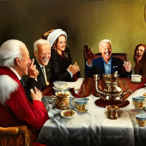 Image similar to a photorealistic oil painting of joe biden laugh in tea party with osama bin laden, justify content center, hyper realistic content, frontal hyperdetailed realistic content, sharp focus, intricate, baroque, delete duplicate content