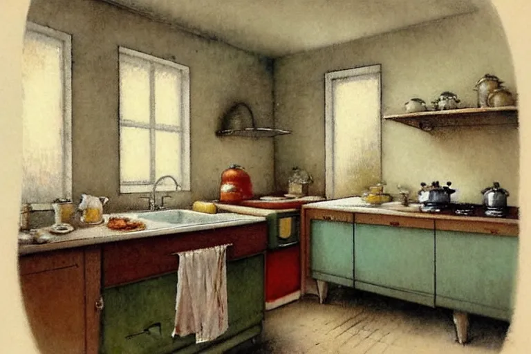 Prompt: ( ( ( ( ( 1 9 5 0 s retro kitchen interior scene. muted colors. ) ) ) ) ) by jean - baptiste monge!!!!!!!!!!!!!!!!!!!!!!!!!!!!!!