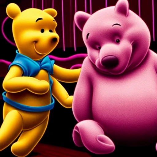 Image similar to photograph of Winnie the Pooh and The Pink Panther in a strip club