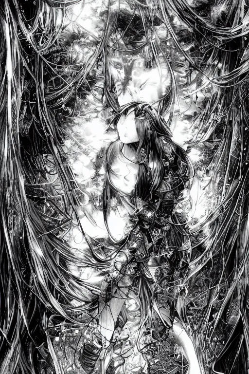 Image similar to a vertical portrait of a character in a scenic environment by Yoshitaka Amano, black and white, dreamy, cybernetic suit, wavy long black hair, highly detailed