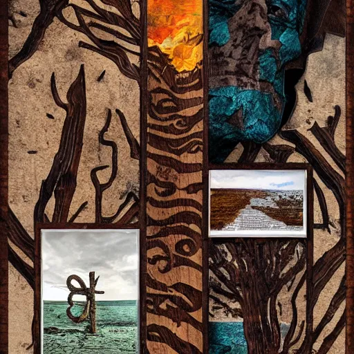 Image similar to the end times wooden collage, woodgrain, environmental art, lovecraftian, behance contest winner