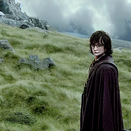 Prompt: Film still of Harry Potter in Lord of the Rings: The Return of the King