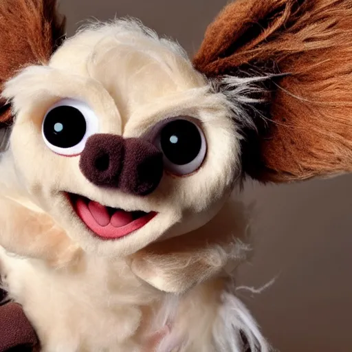 Image similar to cute gizmo mogwai muppet with brown - white fur, brown eyes, large ears, intricate detail, beautiful aesthetic, photorealistic, award winning professional cinematic composition, dramatic lighting, 8 k