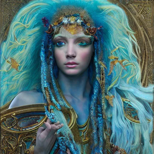 Prompt: artstation, intricate details, hyper details, by gaston bussiere, by sandro botticelli, wearing labradorite veils, tan african skin sumerian mystic lady of elche, egyptian sumerian features, techno mystic intergalactica electronic music artist, wearing labradorite armor with aqua neon rapunzel dreadlocks,