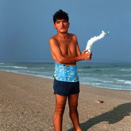 Image similar to Diego maradonna smoking a spliff at the beach